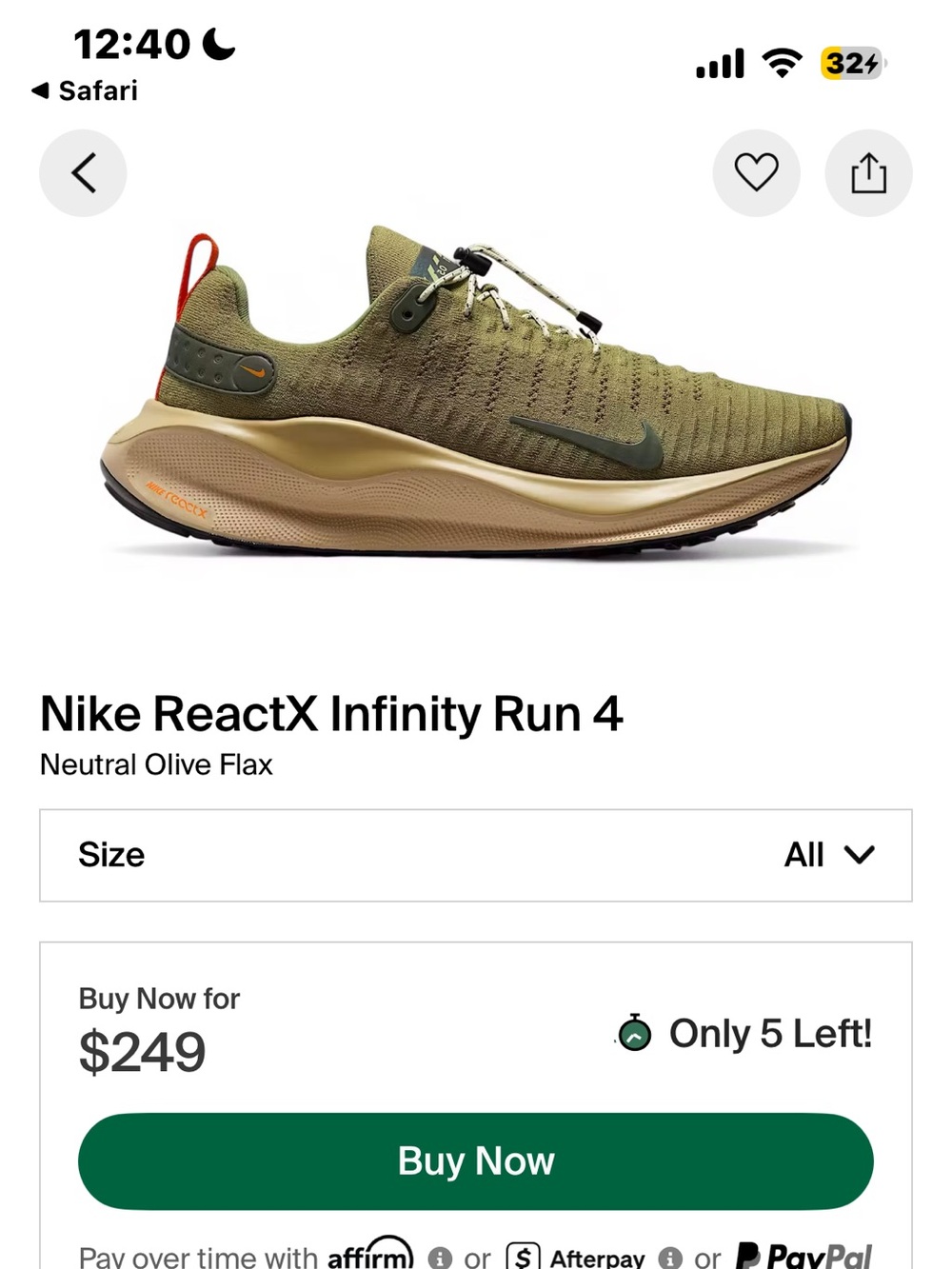 Nike ReactX Infinity Run 4 in Olive and Tan - Picture 3 of 5